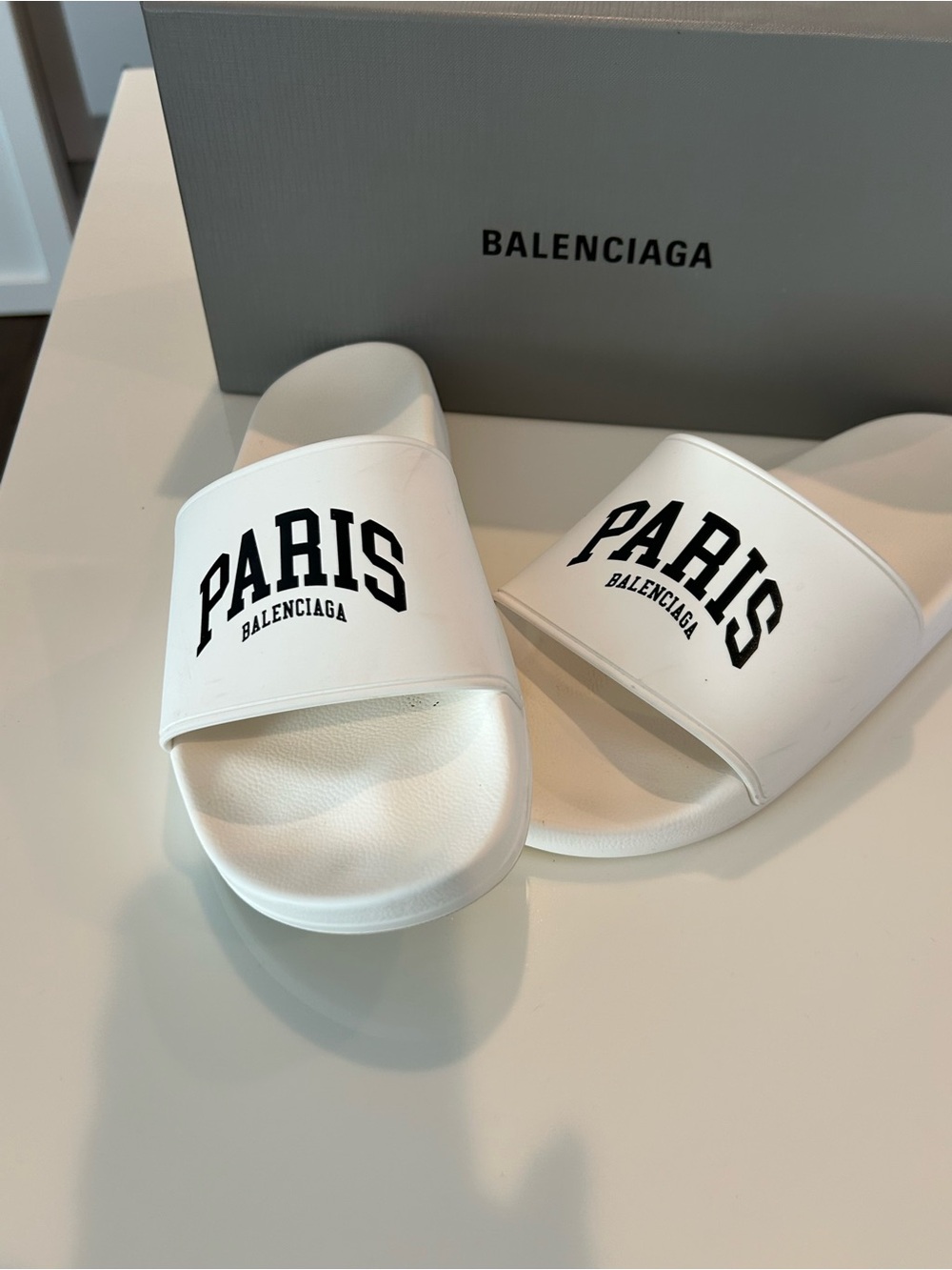Balenciaga women’s White 'Paris' Logo Slide Sandals